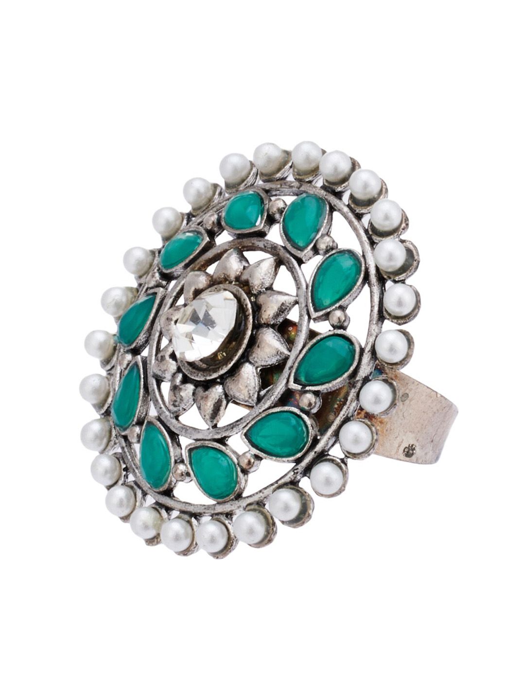 ATIBELLE Silver-Plated Stone-Studded & Artificial-Beaded Adjustable Ring