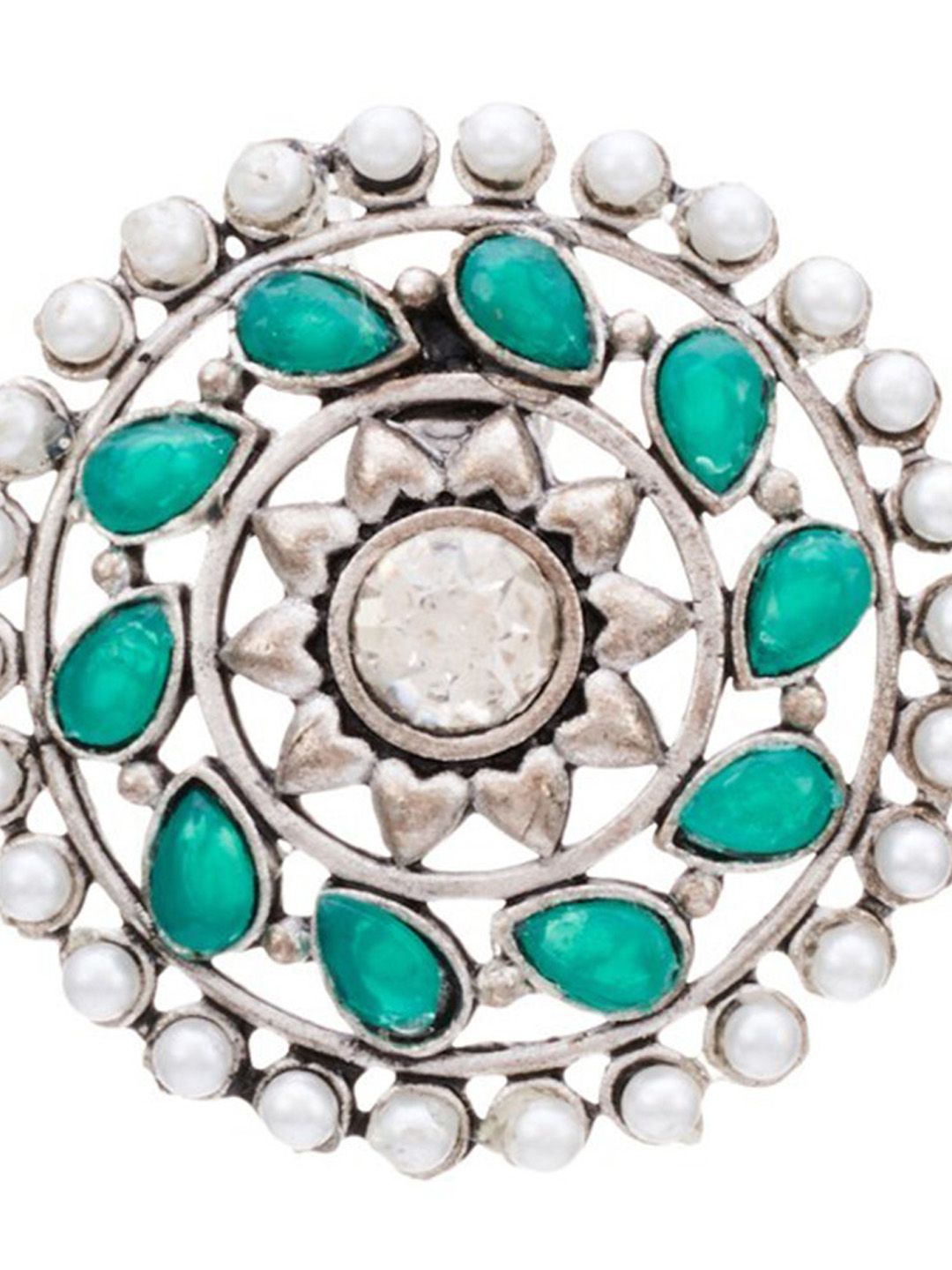ATIBELLE Silver-Plated Stone-Studded & Artificial-Beaded Adjustable Ring