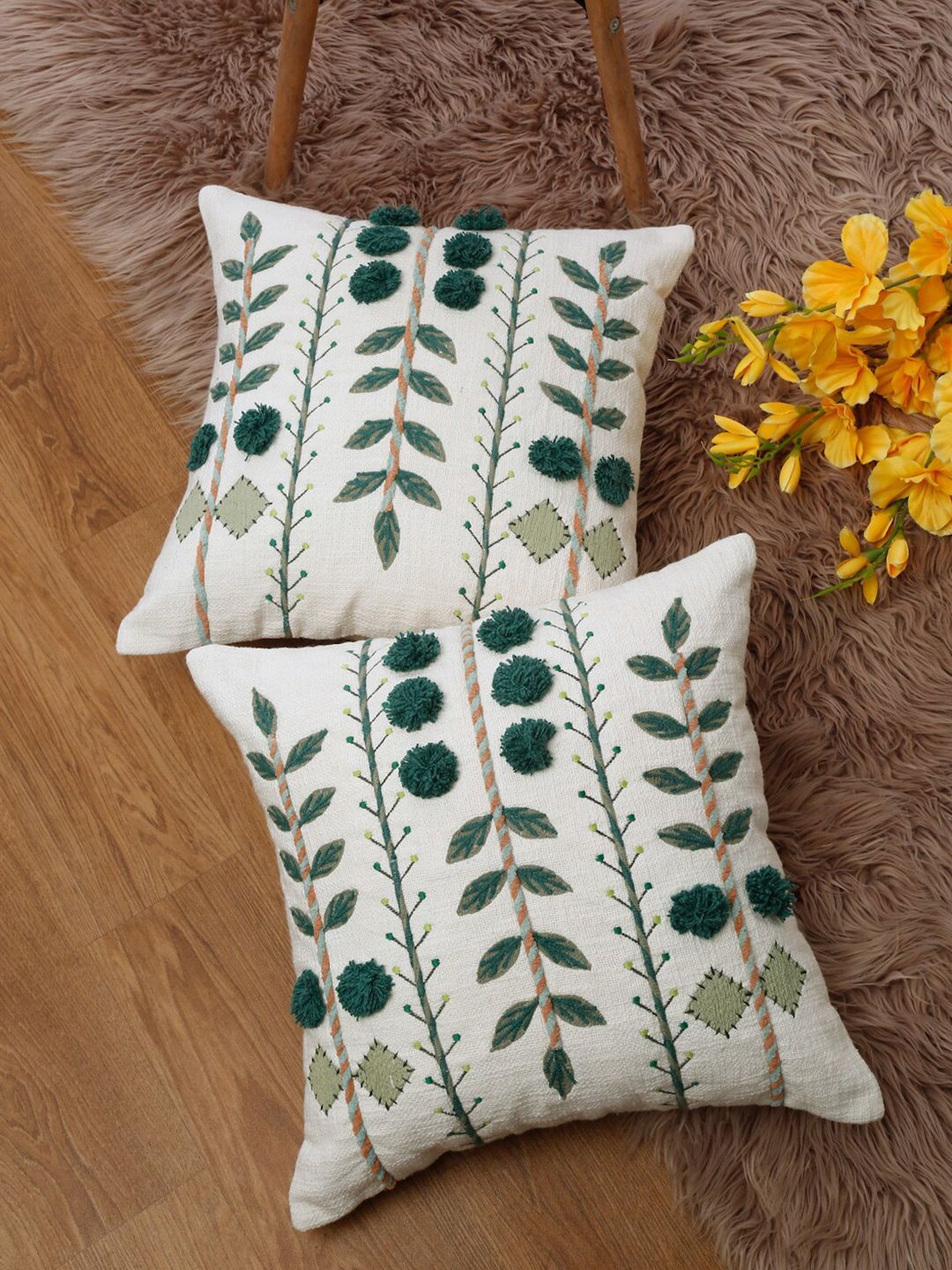 eyda White & Green 2 Pieces Cotton Embroidered Square Cushion Covers-picture-12