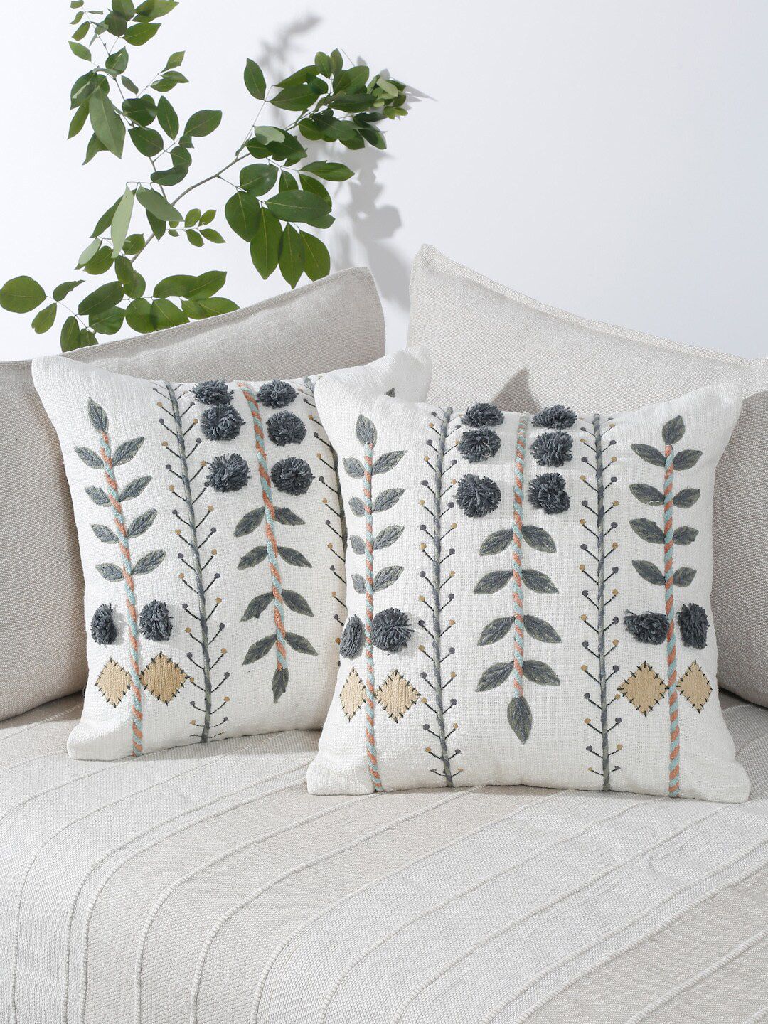 eyda White & Green 2 Pieces Embroidered Square Cotton Cushion Covers-picture-4
