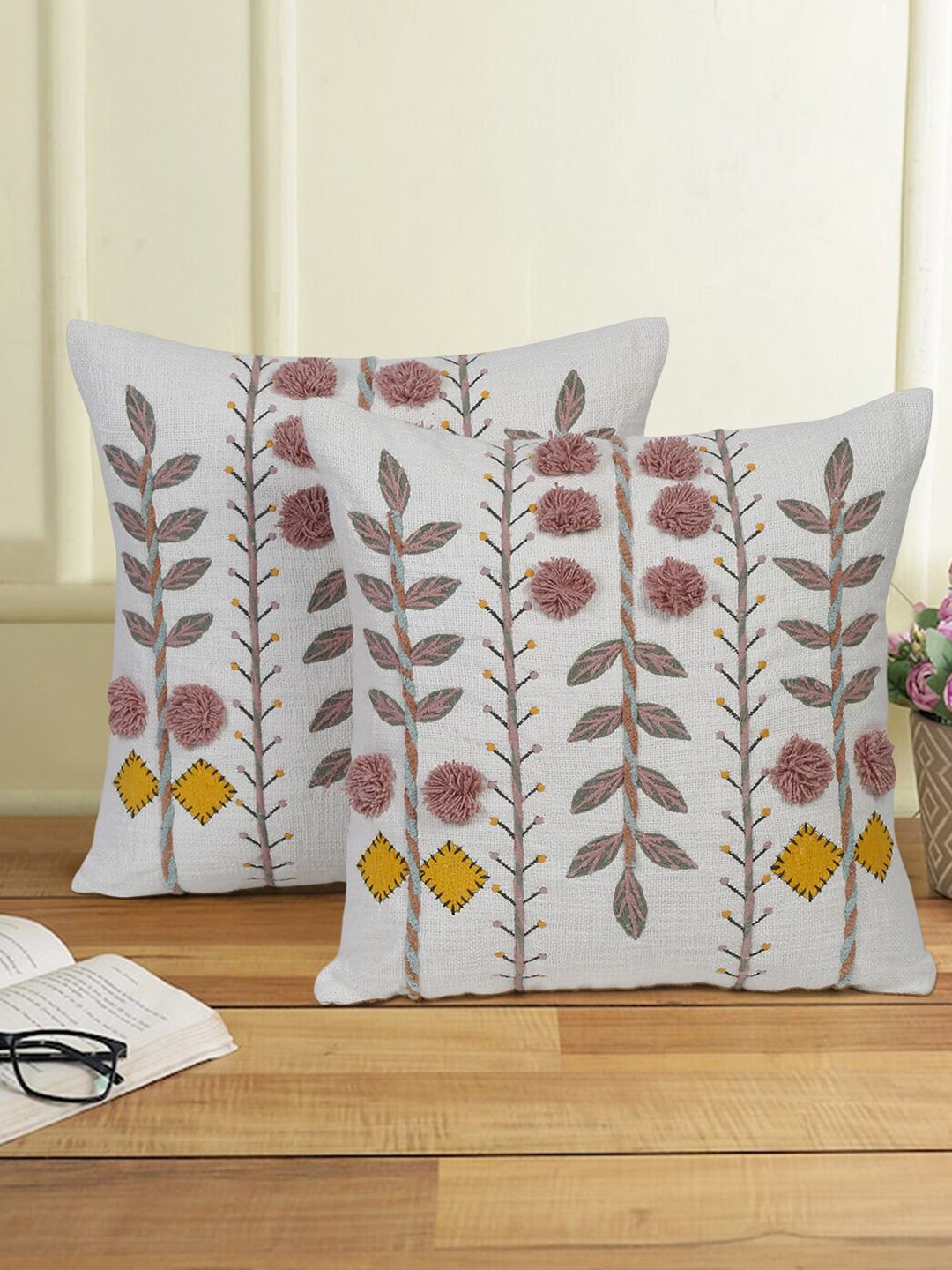 eyda White & Peach-Coloured 2 Pieces Cotton Embroidered Square Cushion Covers-image-46