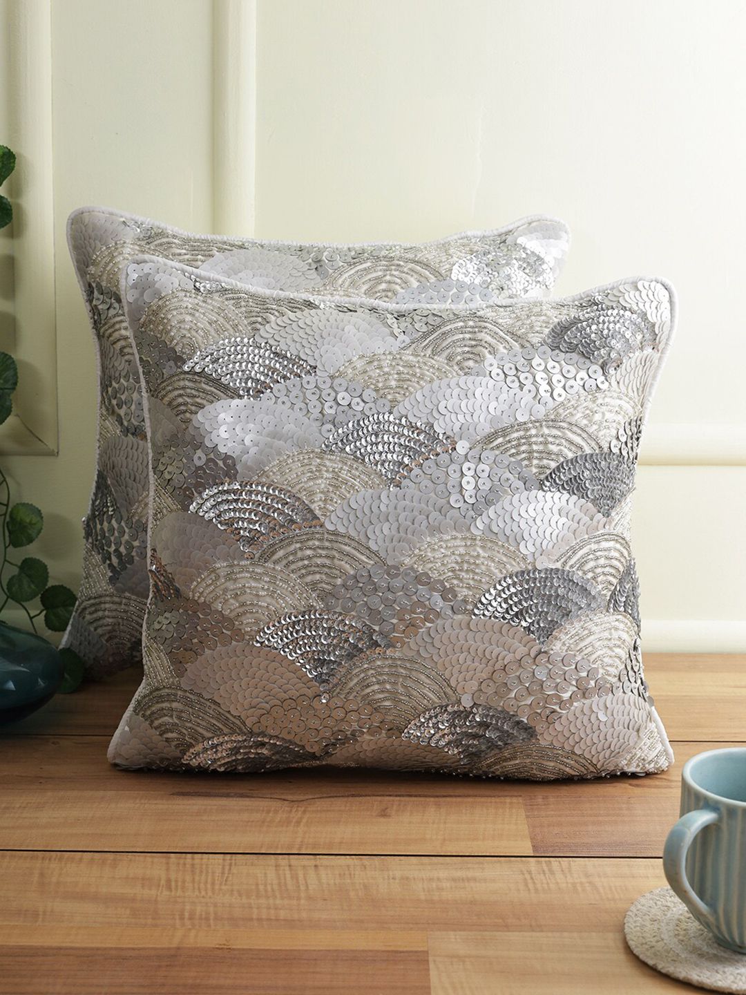 eyda Silver-Toned 2 Pieces Embellished Square Cushion Covers-image-31