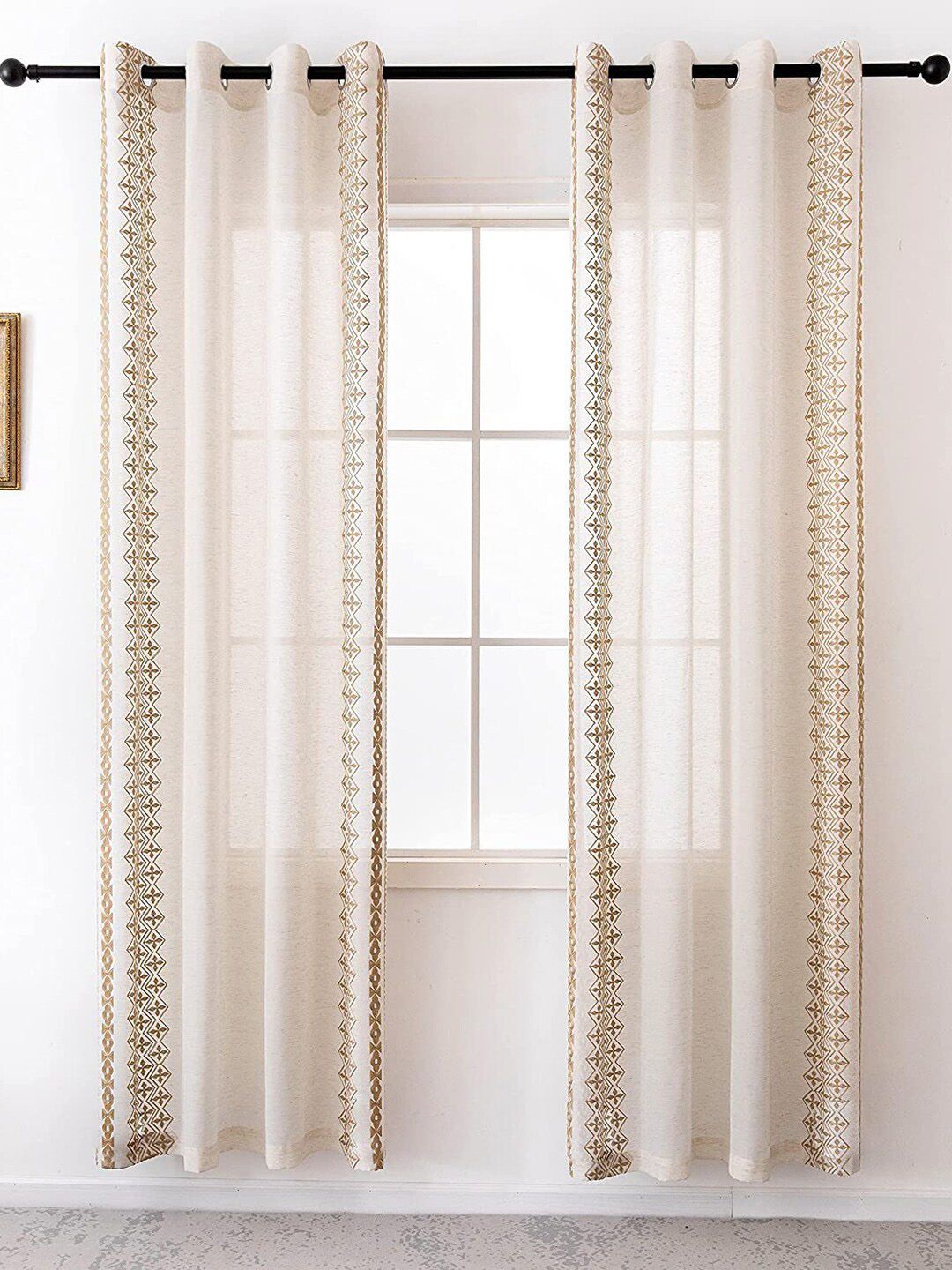 URBAN SPACE Cream-Coloured & Brown 2 Pieces Geometric Cotton Window Curtains-picture-33