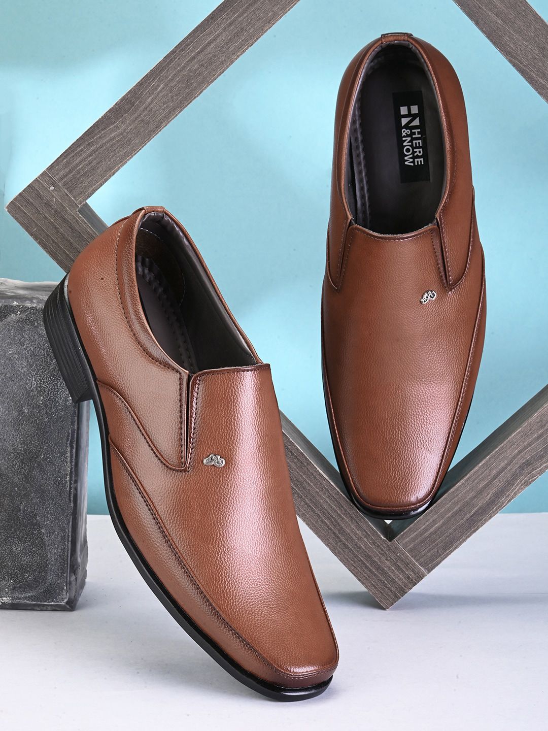 HERE&NOW Men Tan Brown Textured Formal Slip-On Shoes-picture-42