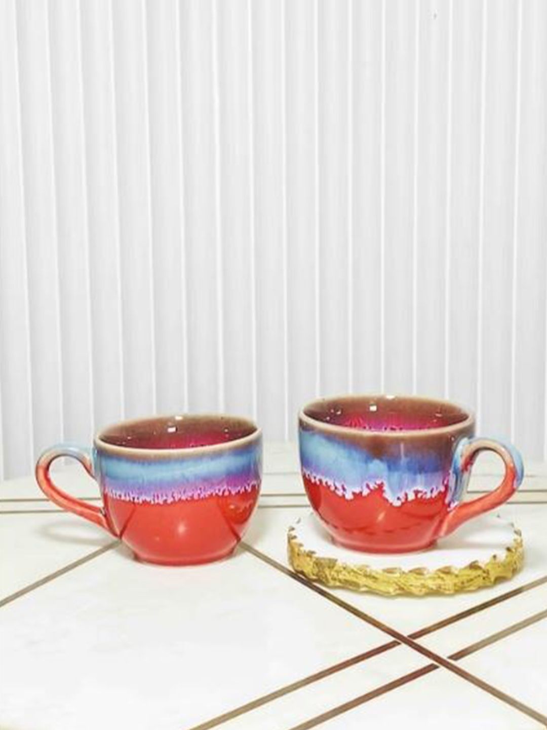 Folkstorys Poppy Red & Blue 4 Pieces Printed Ceramic Glossy Cups-image-0