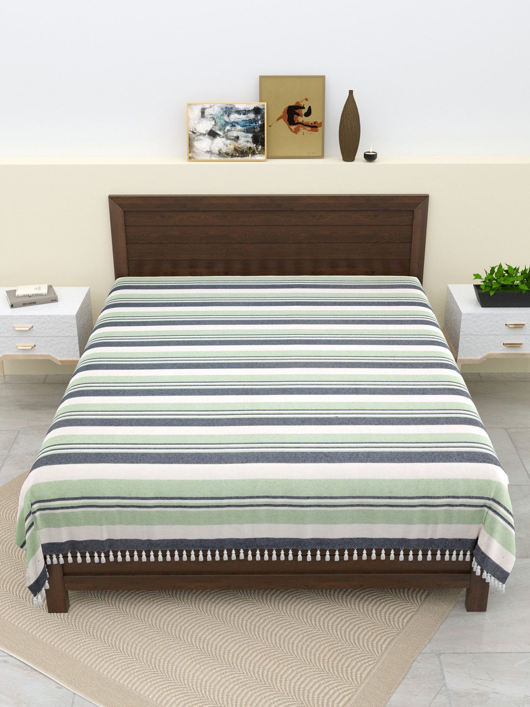 Varde White & Green Striped Pure Cotton Thick Yarn Double King Bedcover