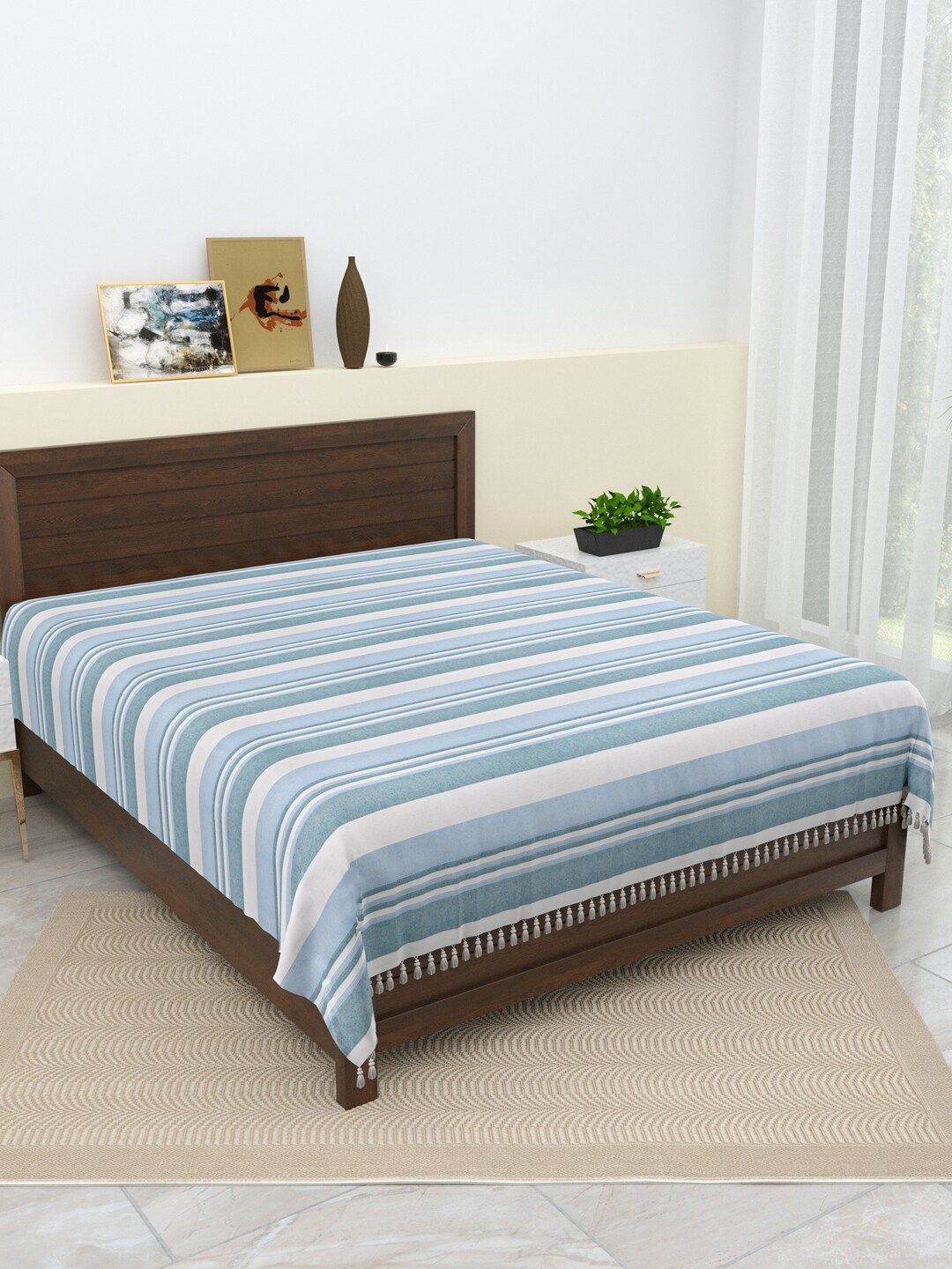 Varde Blue & White Striped Pure Cotton Thick Yarn Double King Bedcover
