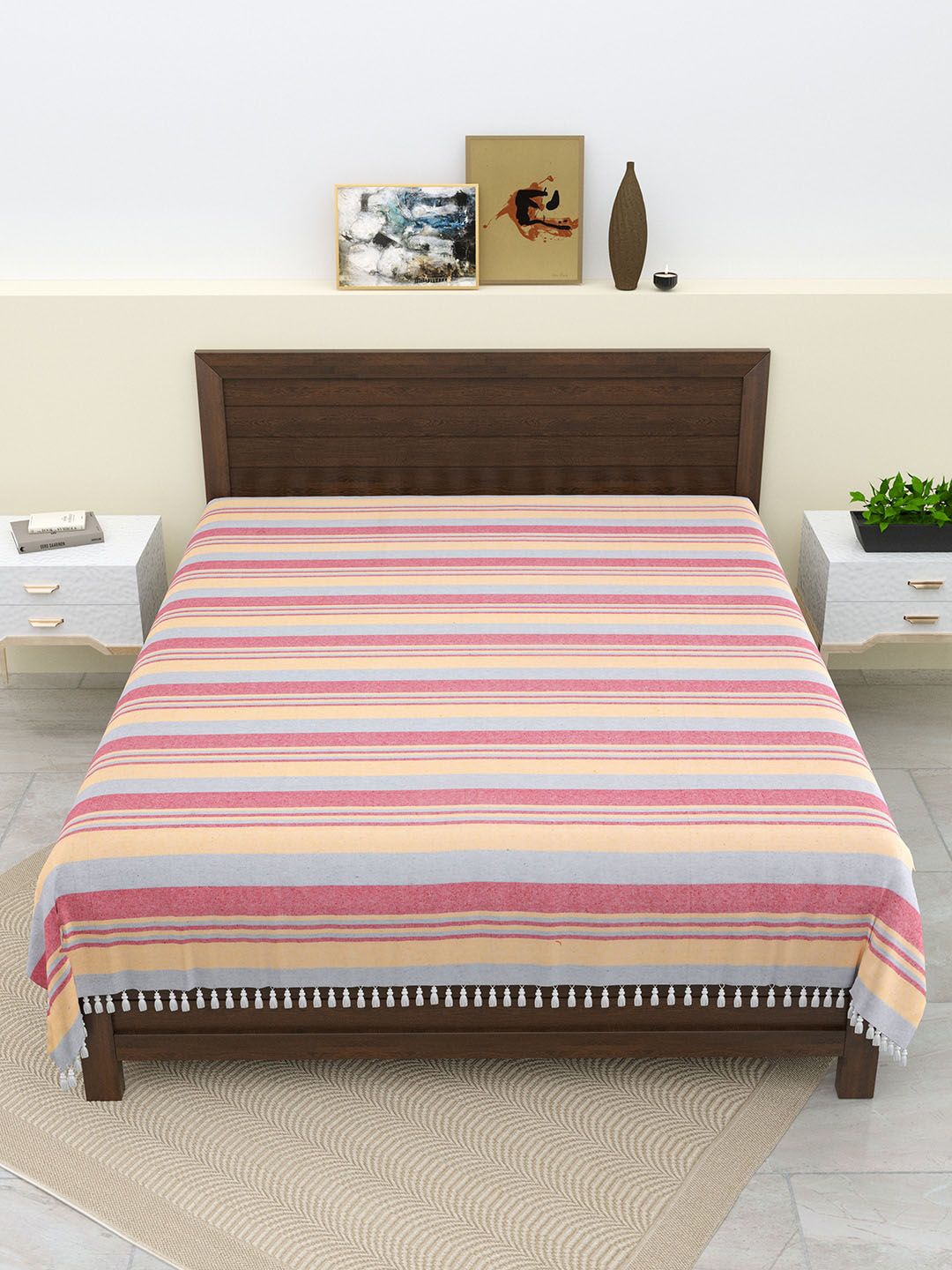 Varde Pink & Yellow Striped Pure Cotton Thick Yarn Double King Bedcover