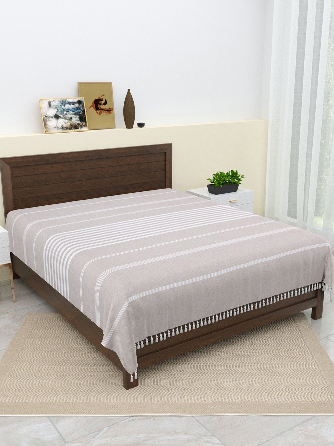 Varde Grey & White Striped Pure Handloom Cotton with Tassels Thick Yarn Double King Bedcover Set