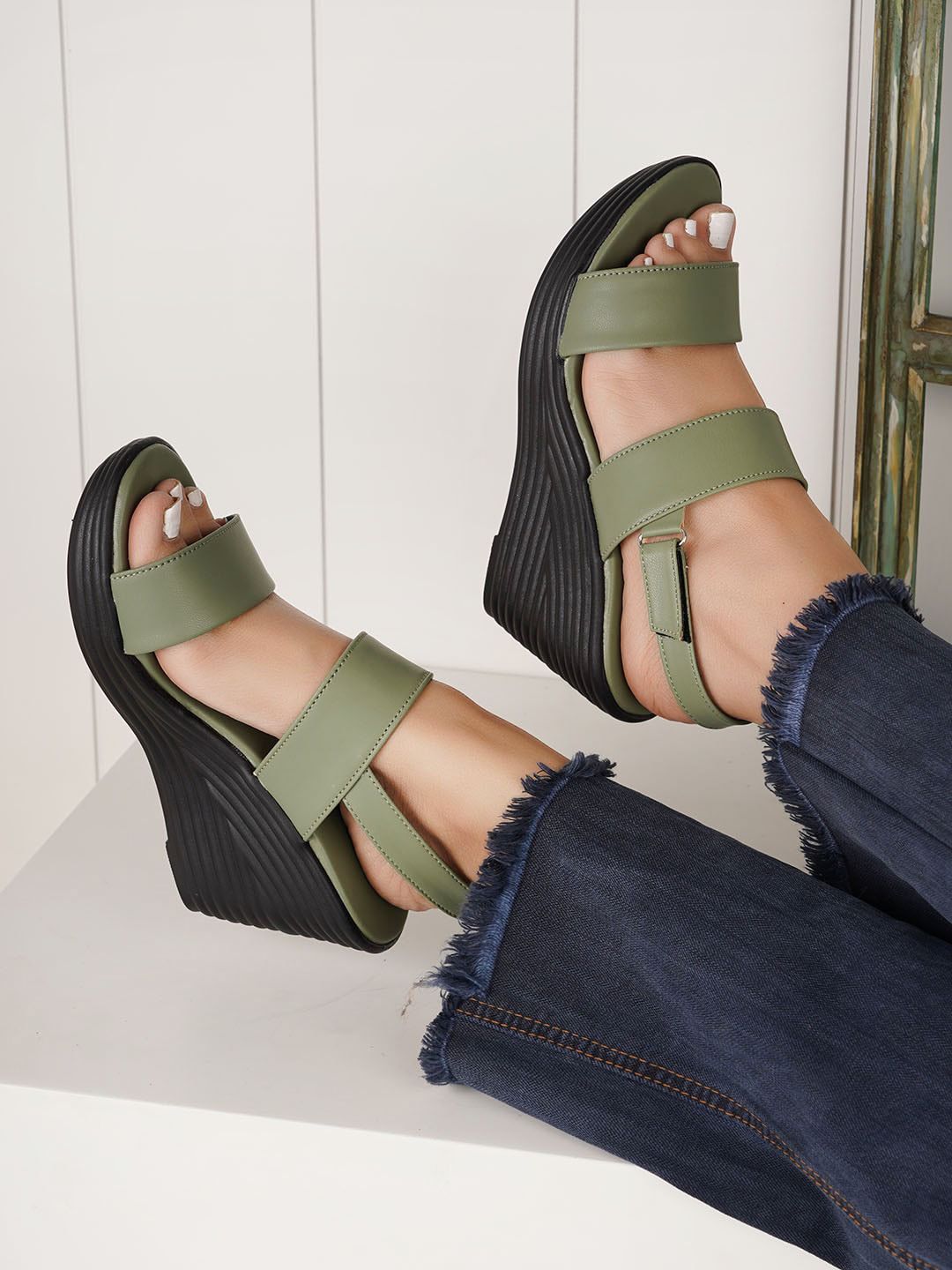 The Roadster Lifestyle Co. Olive Green Open Toe Wedges With Backstrap