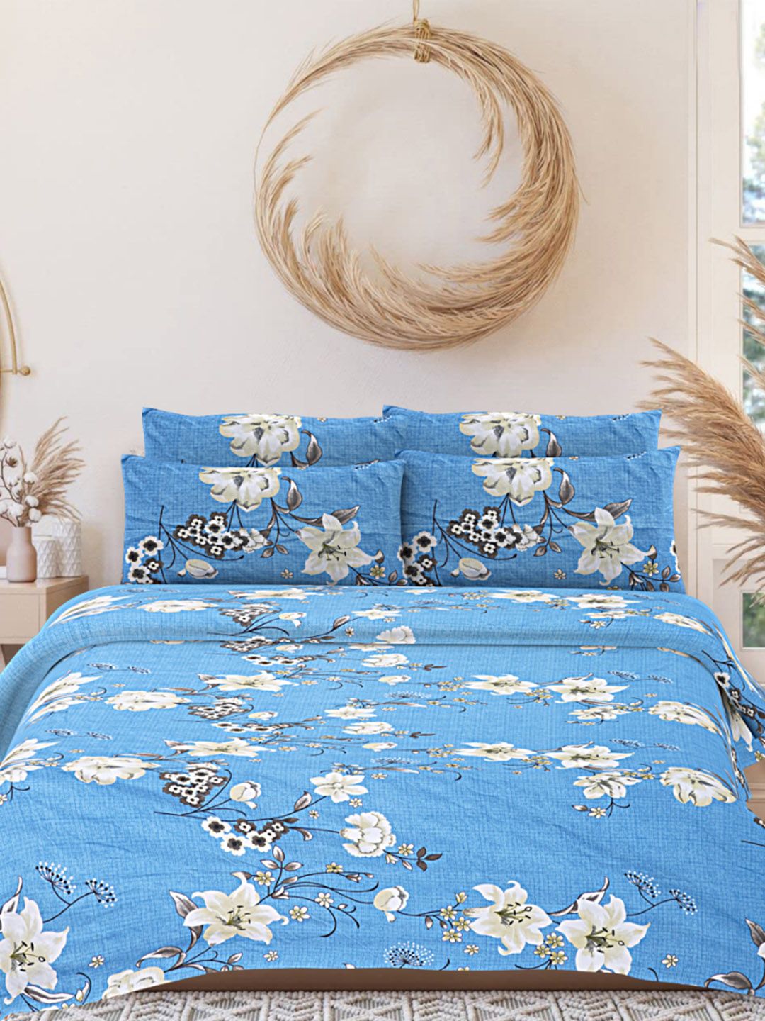 INDHOME LIFE Off White & Blue Floral 180 TC Pure Cotton Queen Bedsheet & 2 Pillow Covers-picture-16