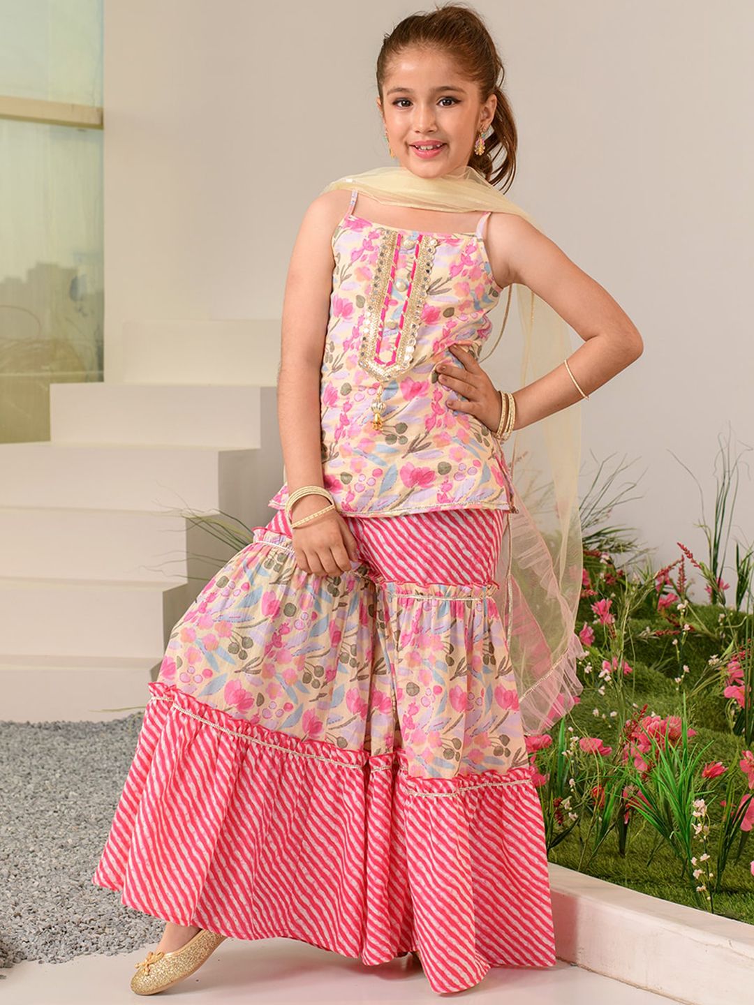 pspeaches Girls Floral Printed Regular Pure Cotton Kurta with Sharara & Dupatta-picture-17