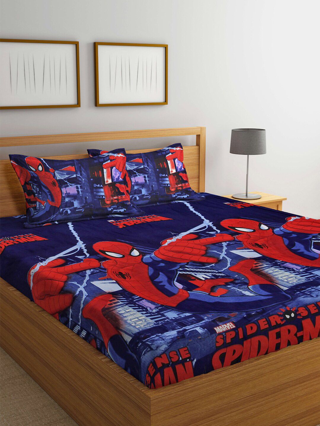 FABINALIV Blue & Red Cartoon Characters 300 TC Fitted King Bedsheet With 2 Pillow Covers-image-10