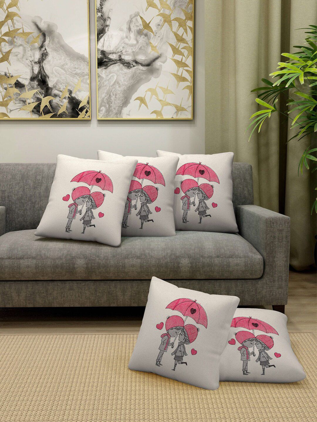 FABINALIV Off White & Red 5 Pieces Cotton Embroidered Square Cushion Covers-picture-29