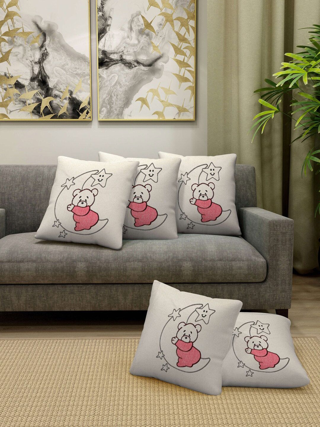 FABINALIV Off White & Pink 5 Pieces Cotton Embroidered Square Cushion Covers-picture-25