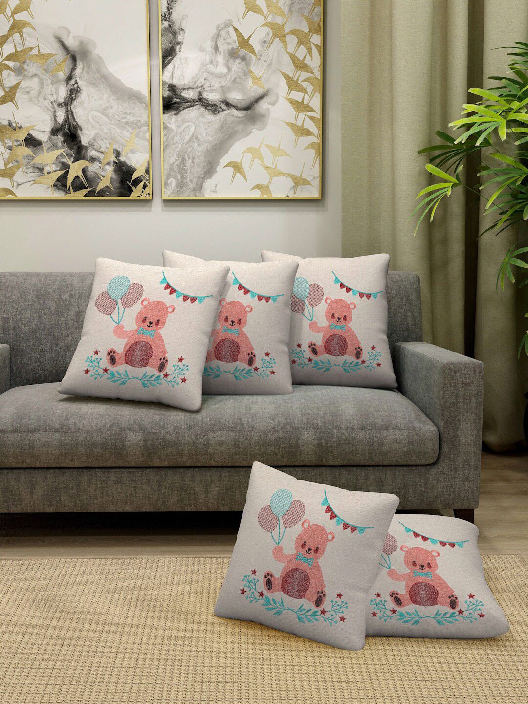 FABINALIV Off White & Blue 5 Pieces Cotton Embroidered Square Cushion Covers-picture-47