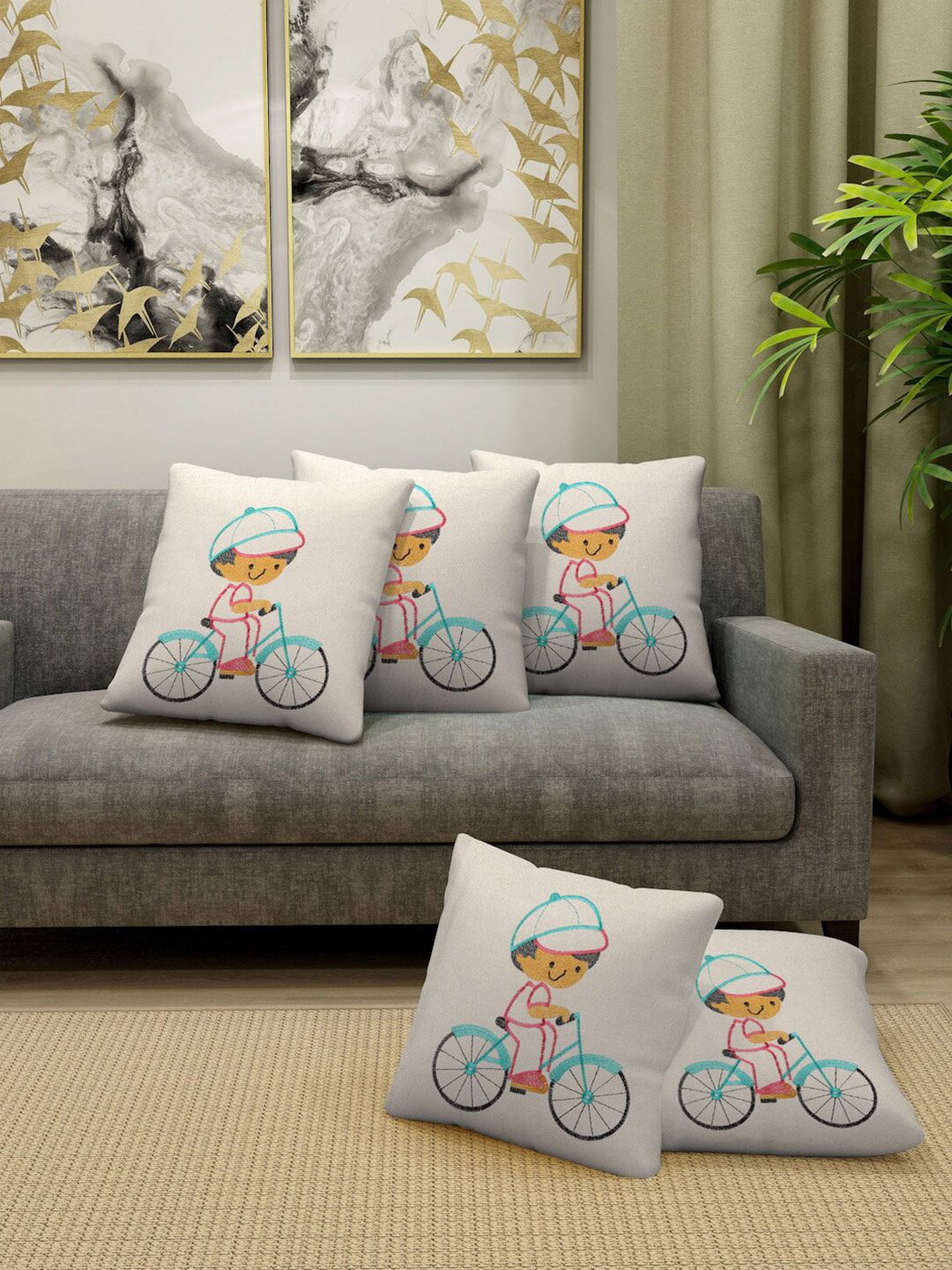 FABINALIV Off White & Teal 5 Pieces Cotton Embroidered Square Cushion Covers-picture-33