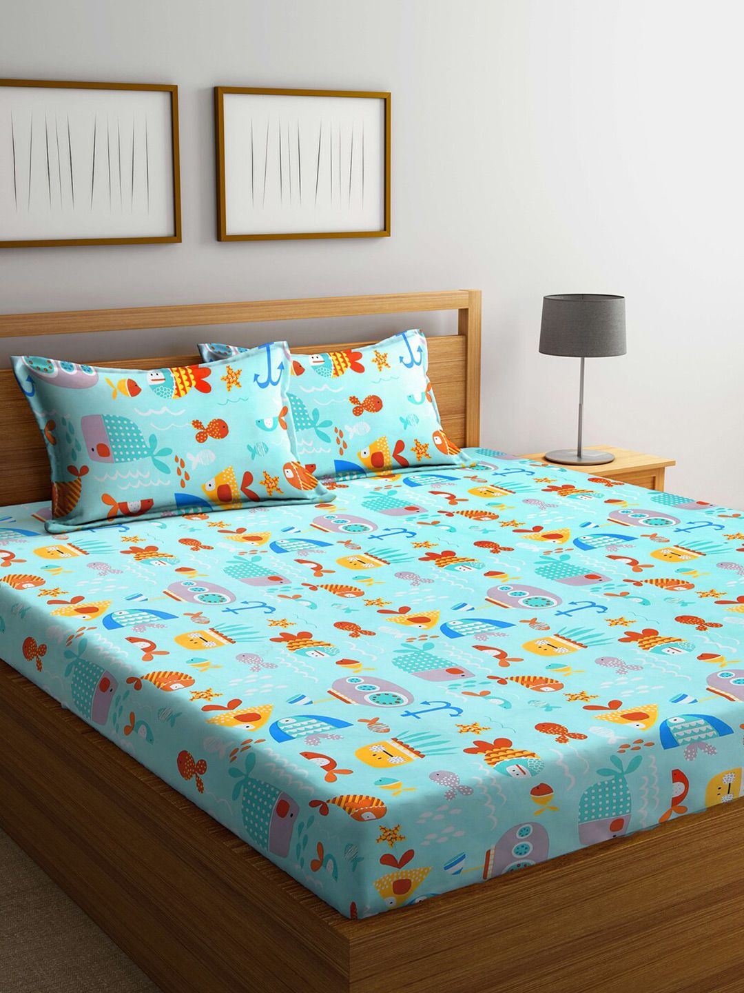 FABINALIV Blue & Brown Cartoon Characters 300 TC King Bedsheet With 2 Pillow Covers-picture-40