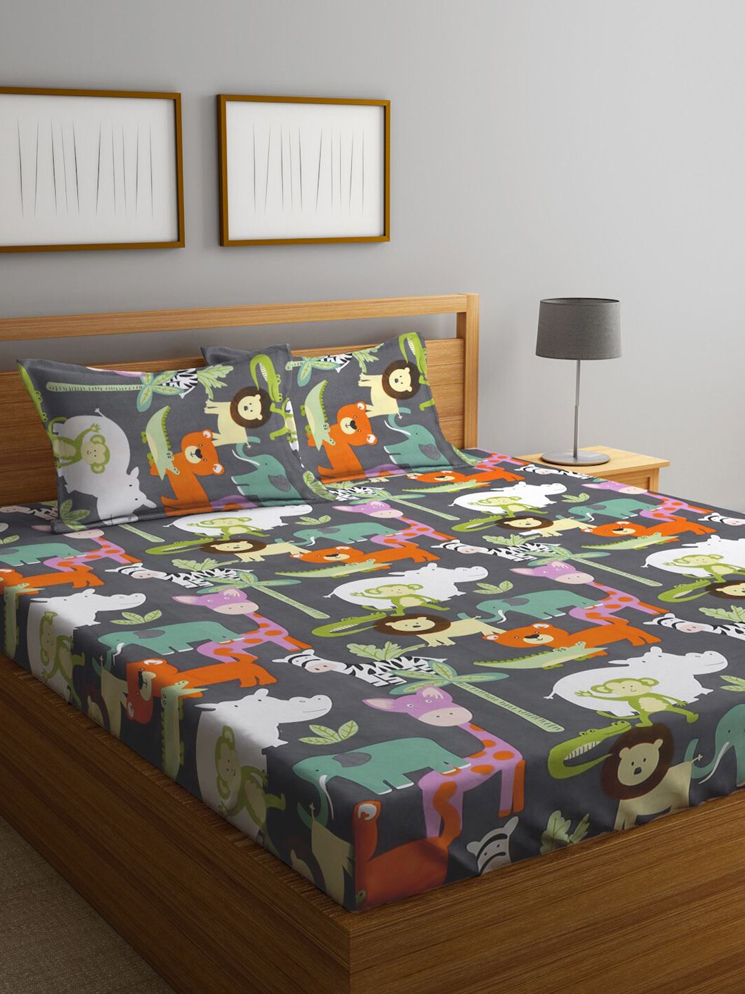 FABINALIV Grey & Green Cartoon Characters 300 TC King Bedsheet With 2 Pillow Covers