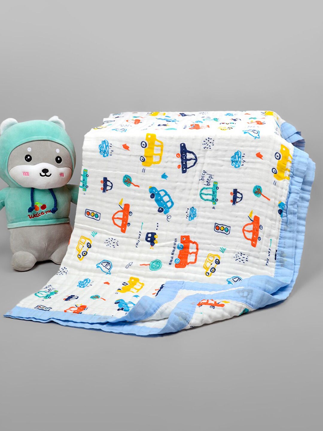 Moms Home Kids White & Blue Printed Summer 500 GSM Organic Cotton Blanket-image-7