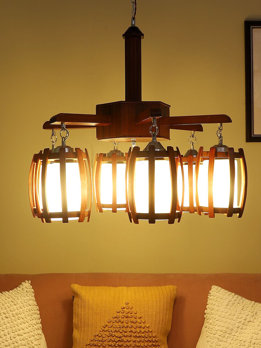 MFD HOME FURNISHING Brown & White Textured Ceiling Lamp With 6 Light Shade-image-3