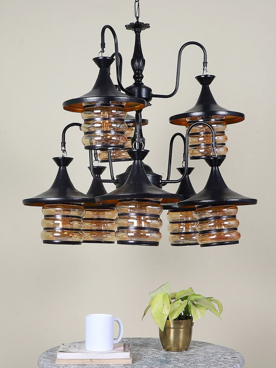 MFD HOME FURNISHING Black & Brown Textured Ceiling Lamp With 8 Light Shade-image-49