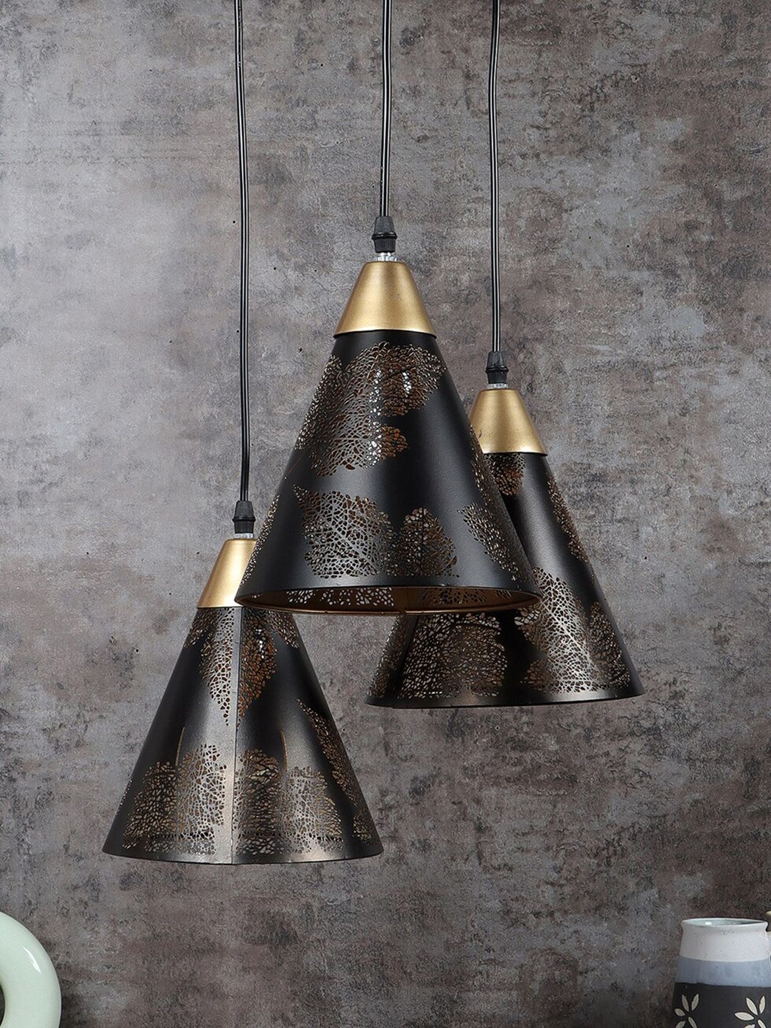 MFD HOME FURNISHING Black & Gold Toned Textured Ceiling Lamp With 3 Shade Light-picture-18