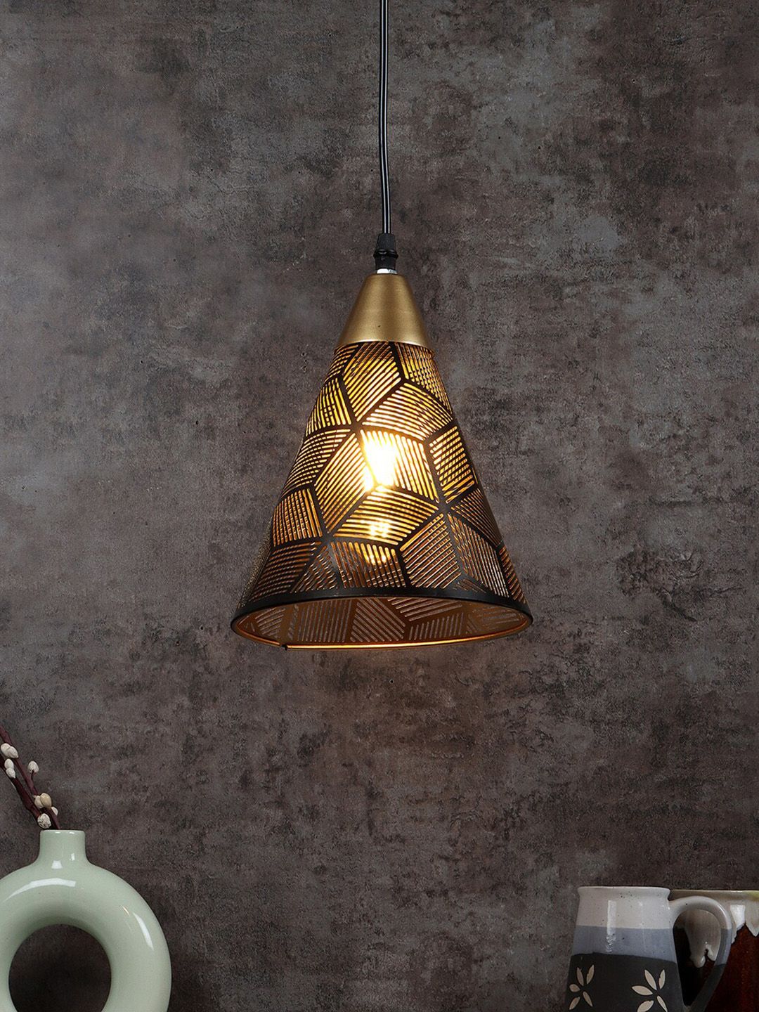 MFD HOME FURNISHING Black & Beige Textured 1 Shade Light Ceiling Lamp-picture-19