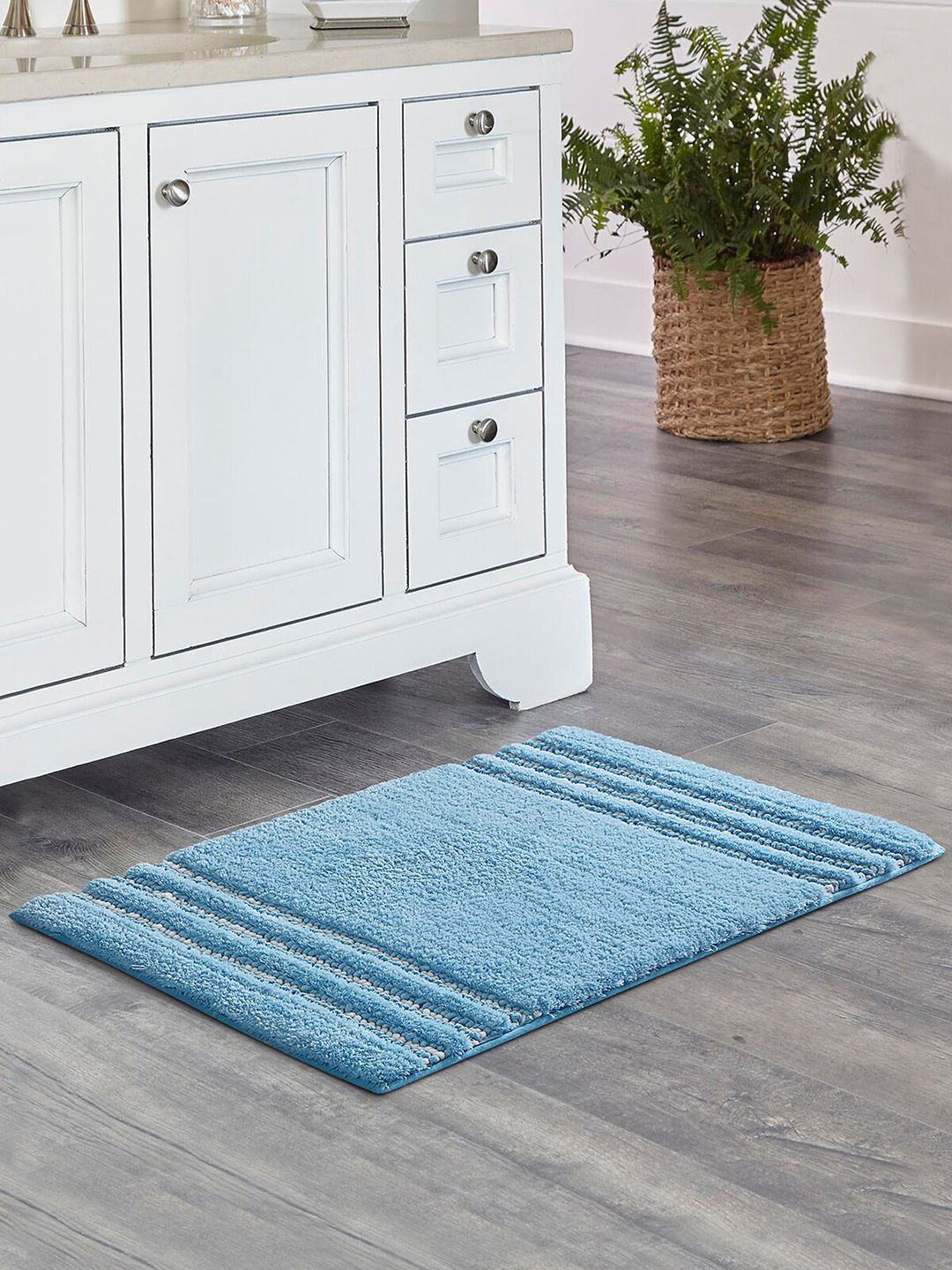 OBSESSIONS Blue & White Self Design Ultra Absorbent Anti-Skid Rectangular Bathmat-picture-10