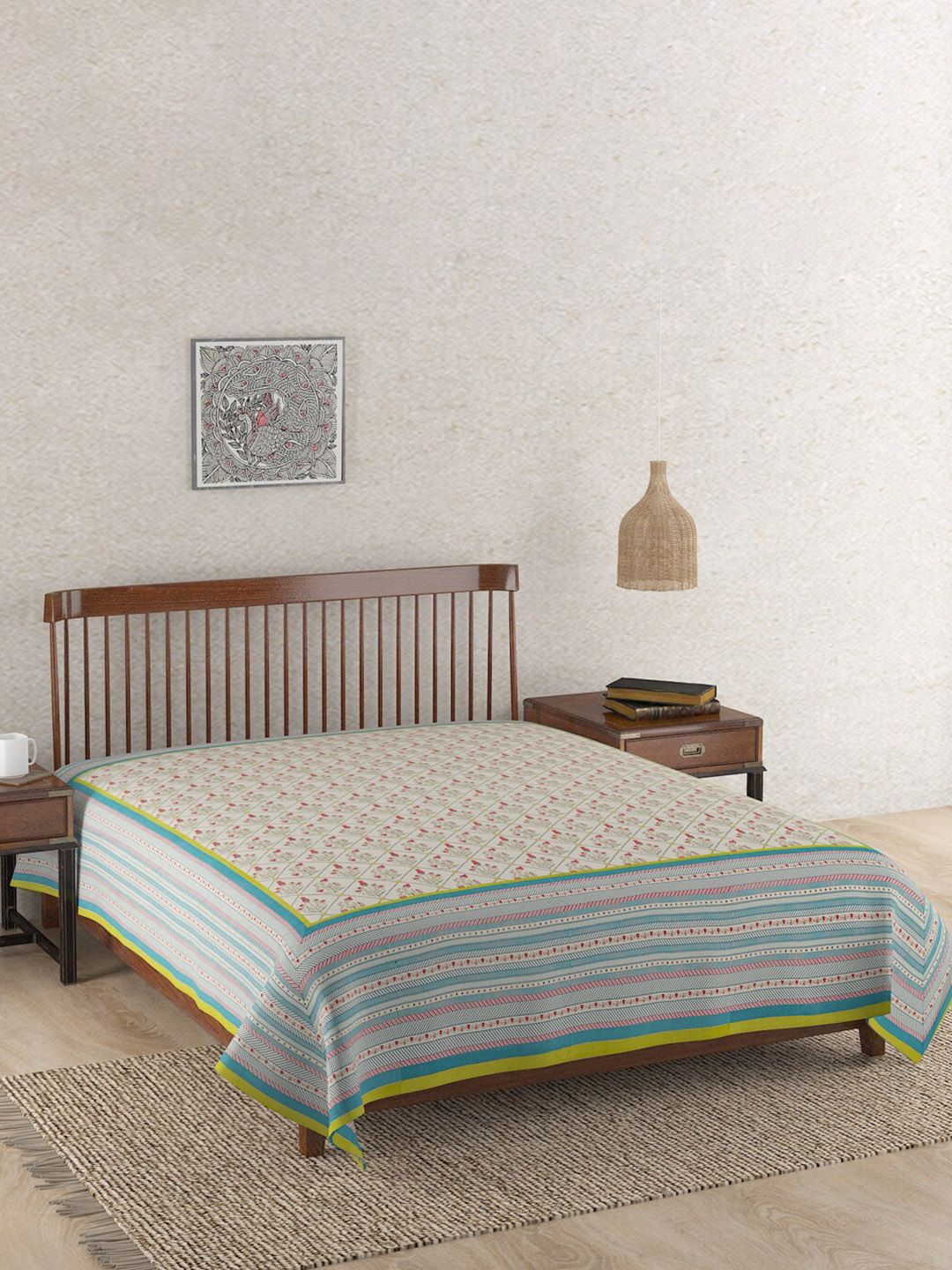 Fabindia Blue Ethnic Motifs Printed Rasika Cotton Double Bed Cover-image-46