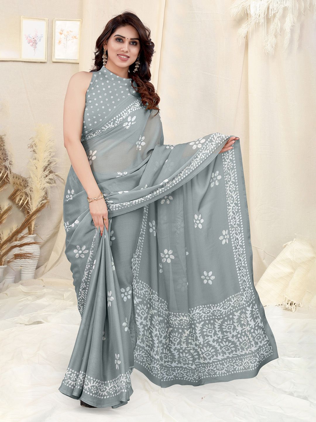 KALINI Batik Poly Chiffon Block Print Saree With Blouse Piece-picture-46
