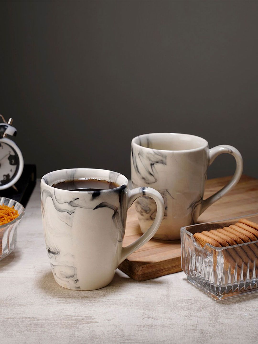 CDI White & Black 2 Pieces Italian Design Printed Ceramic Glossy Coffee Mugs - 350 ML Each-image-24