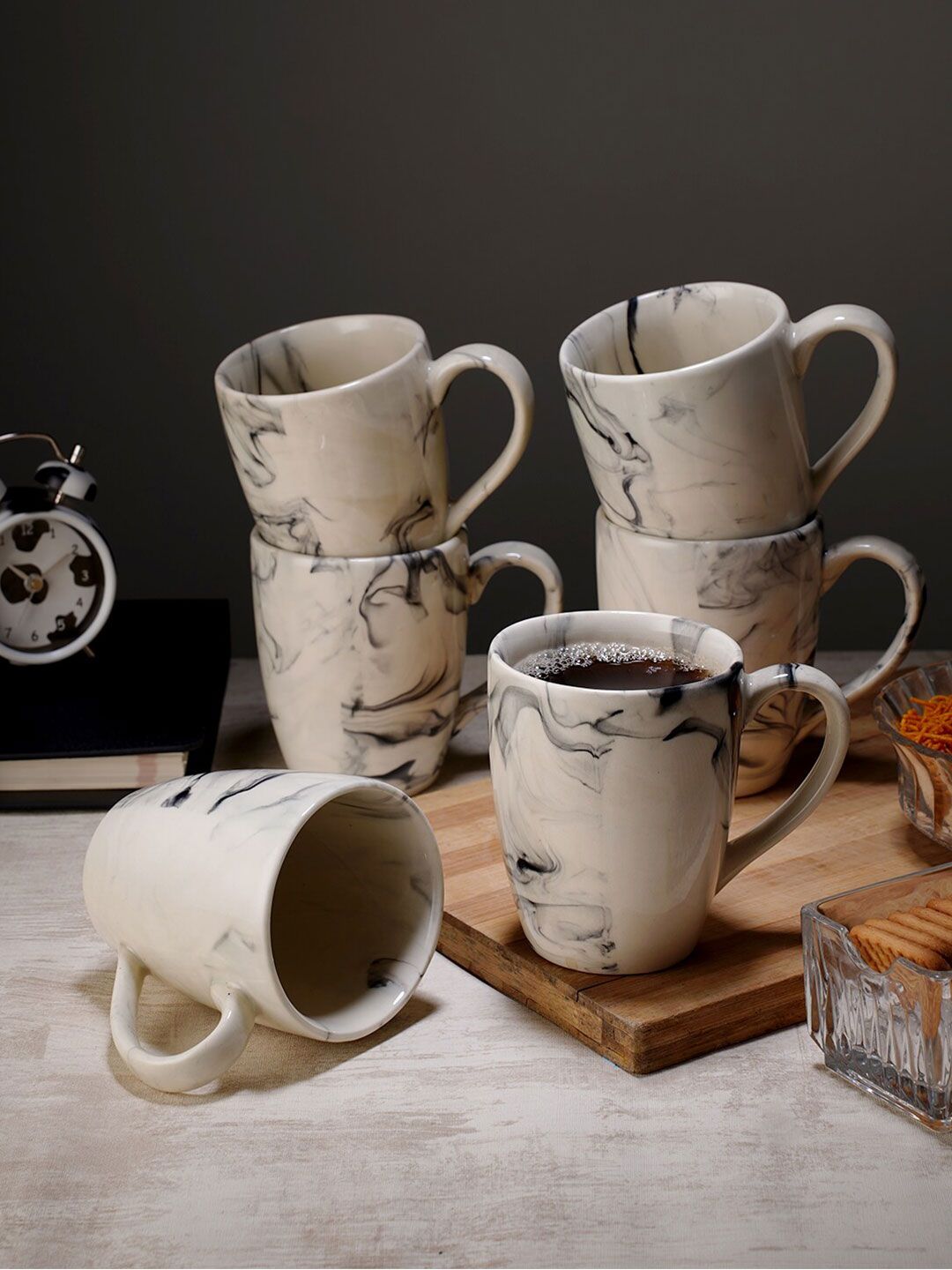 CDI White & Black 6 Pieces Italian Design Printed Ceramic Glossy Coffee Mugs - 350 ML Each-image-8