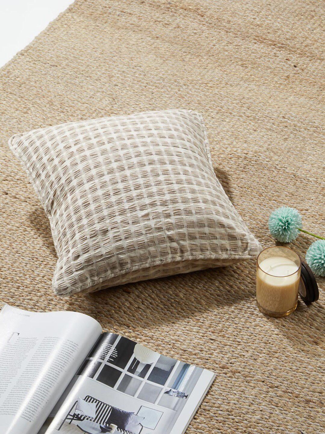 Fabindia Brown & White Checked Cotton Square Cushion Cover-image-29