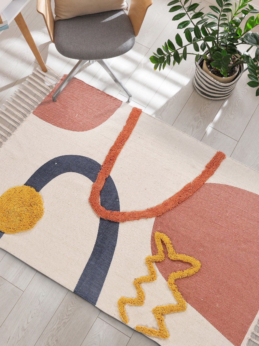 URBAN SPACE Beige & Red Tufted Pure Cotton Anti-Skid Rectangular Carpet-image-14