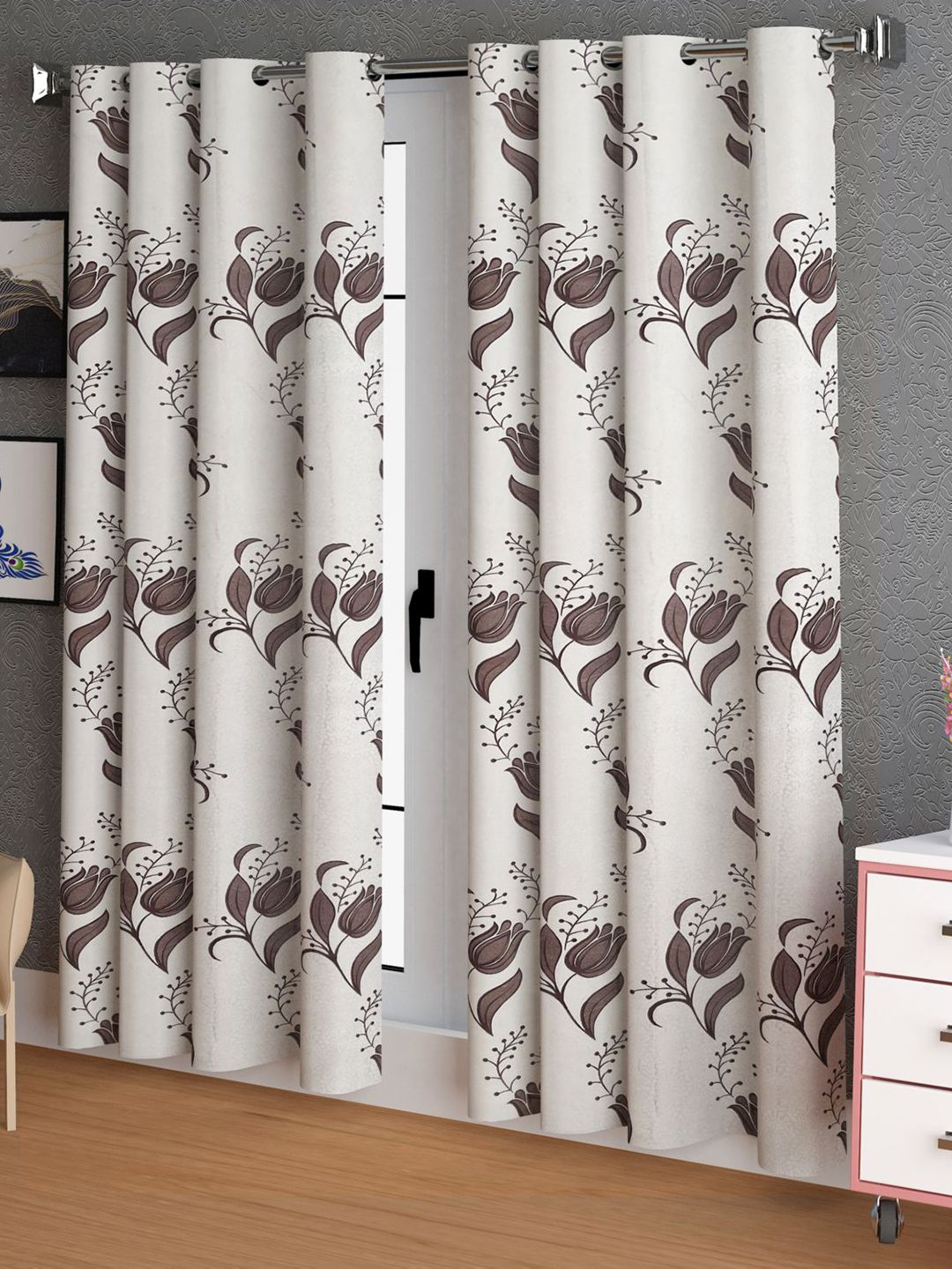 LA VERNE Brown & Cream-Coloured 2 Pieces Floral Door Curtains-picture-40