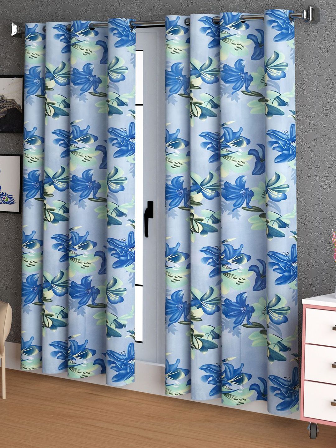 LA VERNE Blue & Green 2 Pieces Floral Door Curtains-picture-42