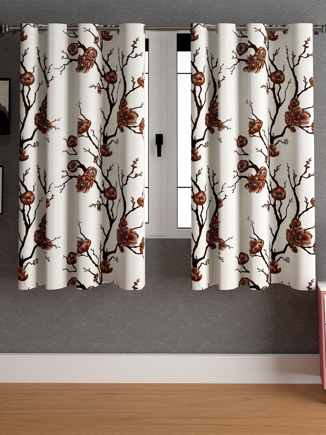 LA VERNE Brown & White 2 Pieces Floral Window Curtains-picture-34
