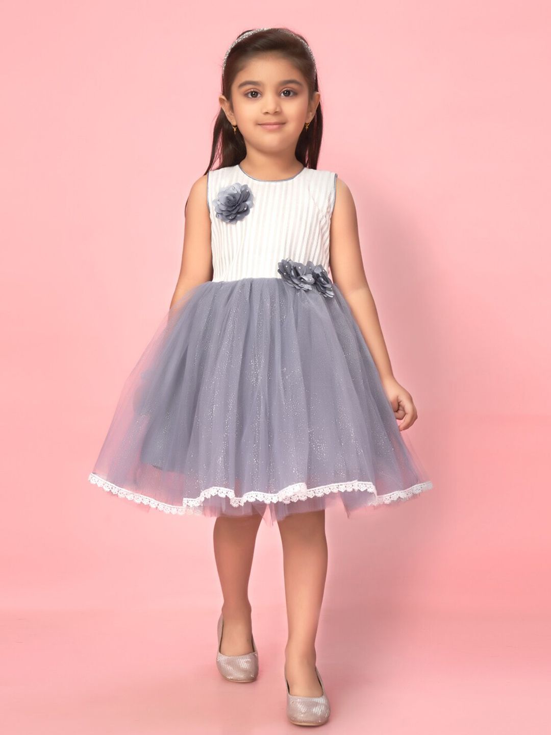BAESD Girls Self Design Sleeveless Net Fit & Flare Dress-picture-34