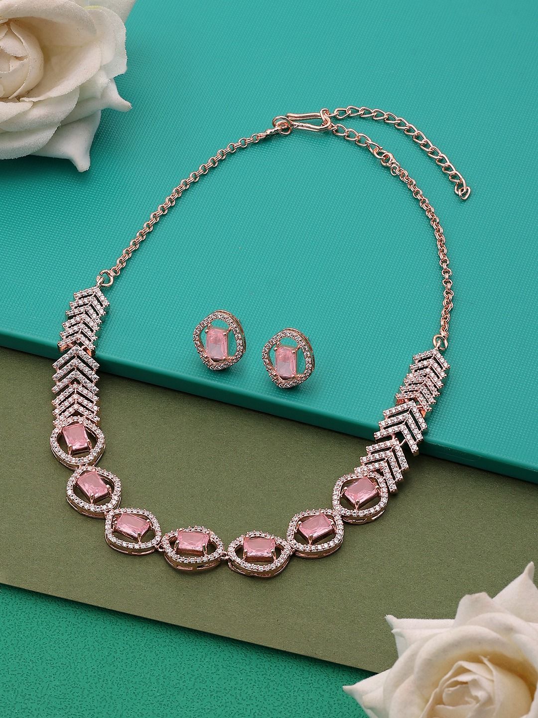 Zaveri Pearls Rose Gold-Plated Cubic Zirconia-Studded Jewellery Set-picture-13