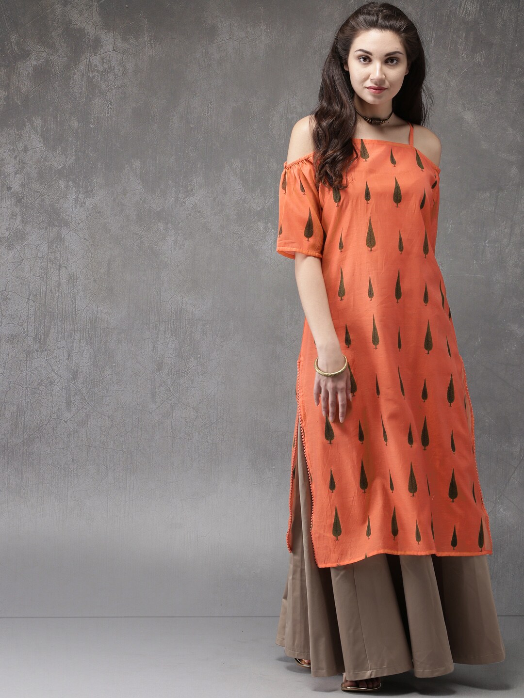 Anouk Women Orange Printed Chanderi Blend Cold-Shoulder A-Line Kurta