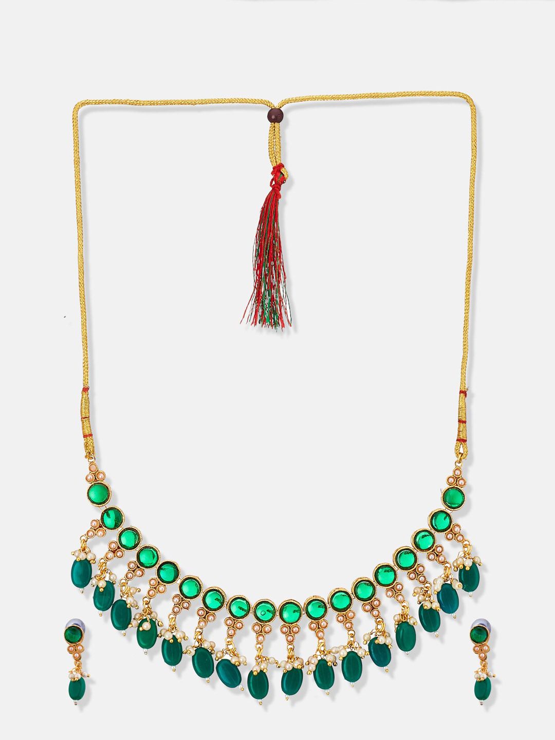 ATIBELLE Gold-Plated Stone-Studded & Pearl Beaded Jewellery Set