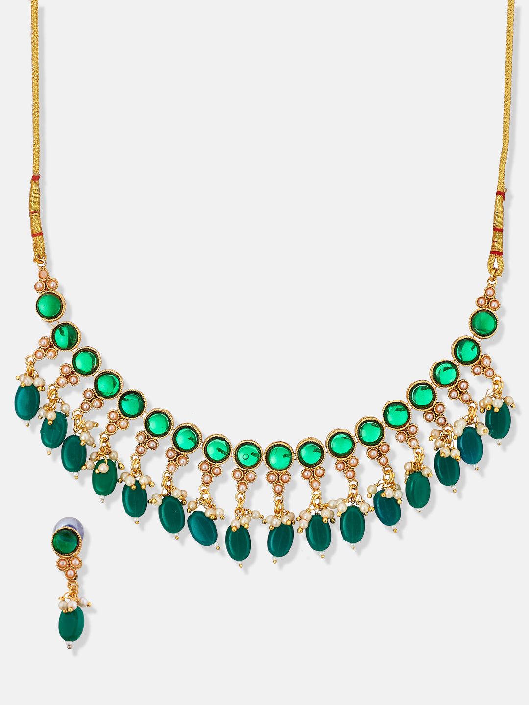 ATIBELLE Gold-Plated Stone-Studded & Pearl Beaded Jewellery Set