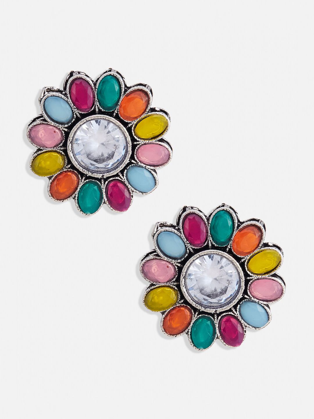 ATIBELLE Set of 2 German Silver-Plated Floral Studs Earrings