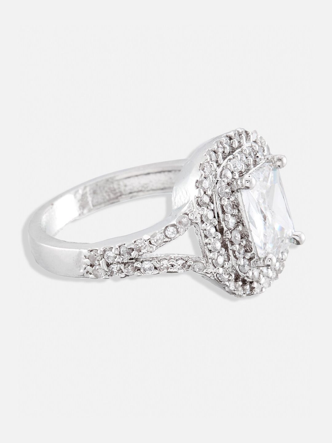 ATIBELLE Set Of 2 Silver-Plated CZ-Studded Embrace Heart Couple Adjustable Finger Rings