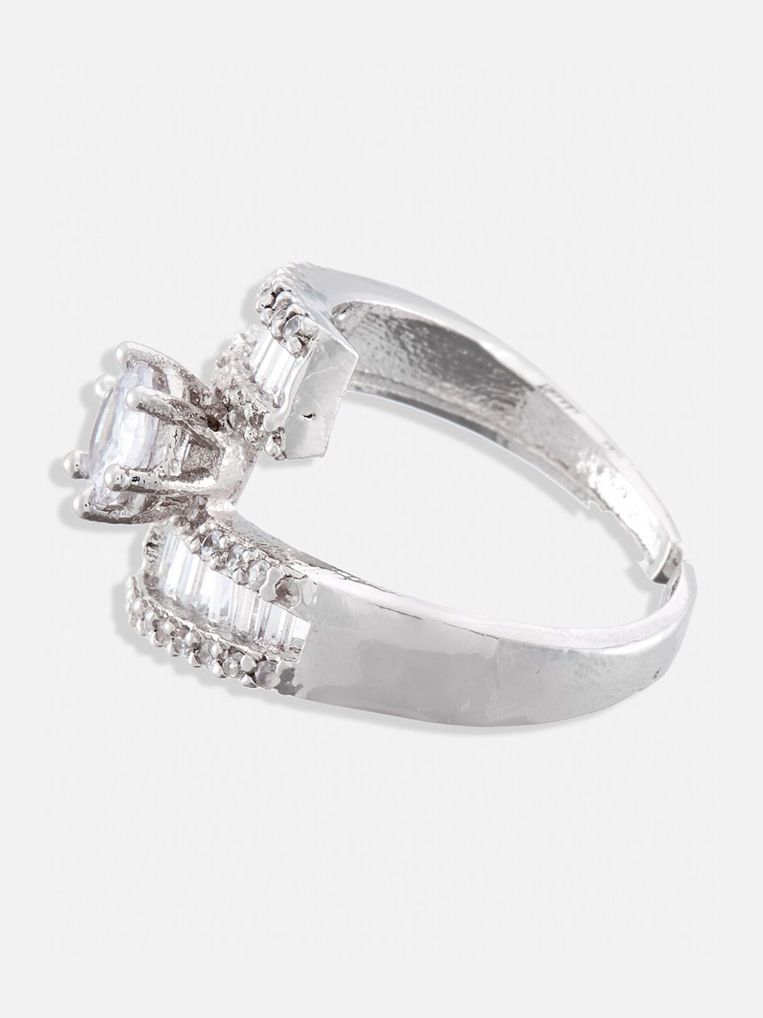 ATIBELLE Set Of 2 Silver-Plated CZ-Studded Embrace Heart Couple Adjustable Finger Rings