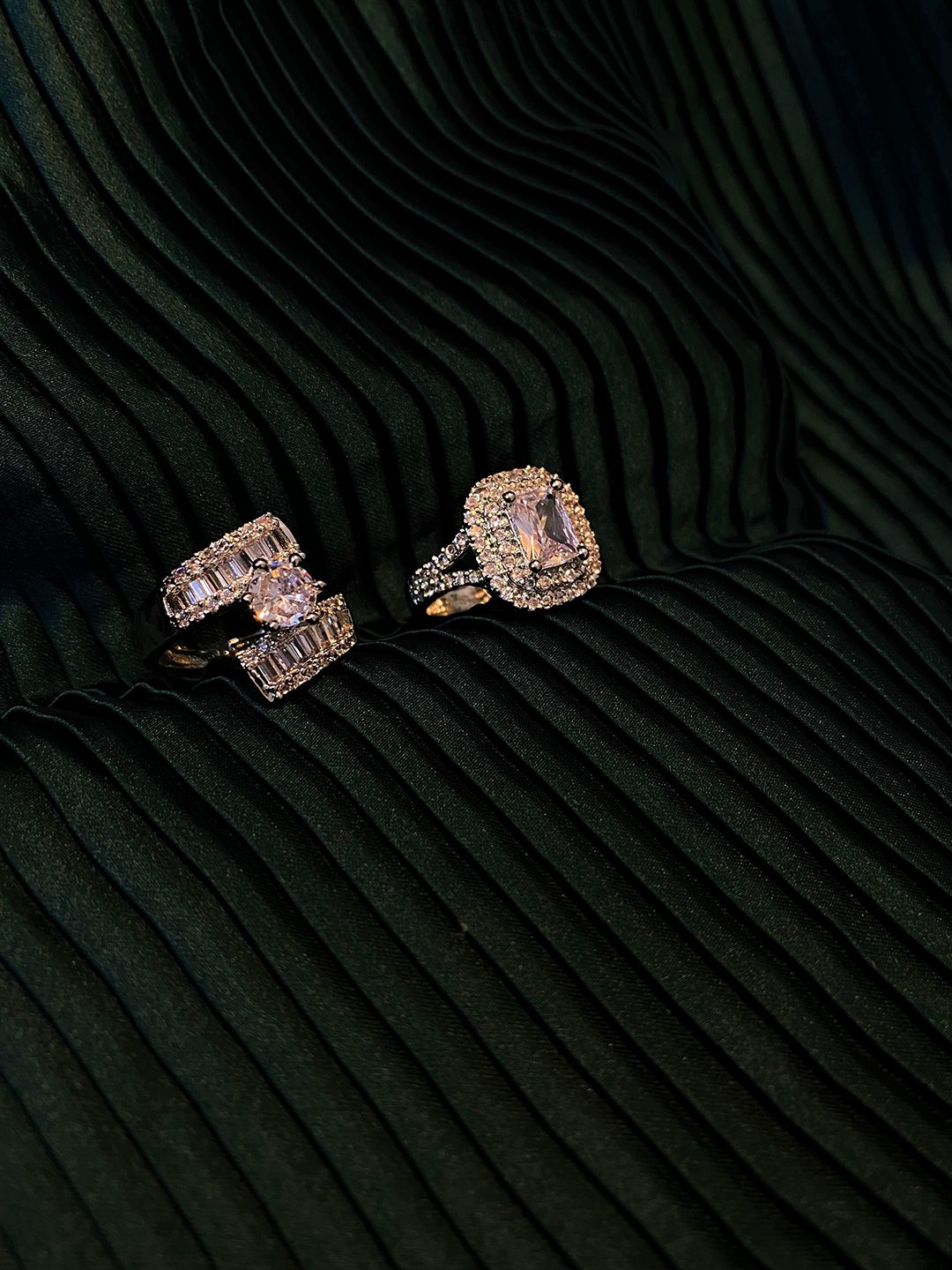 ATIBELLE Set Of 2 Silver-Plated CZ-Studded Embrace Heart Couple Adjustable Finger Rings