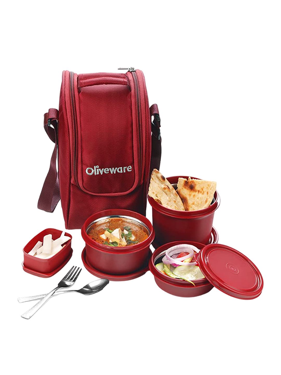 SOPL-OLIVEWARE Executive 7 Pcs Red Stainless Steel Leak Proof Lunch Box With Bag