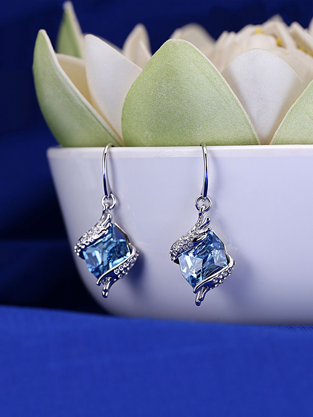 Yellow Chimes Crystals from Swarovski Collection Blue & Silver-Toned Rhodium-Plated Drop Earrings-image-18
