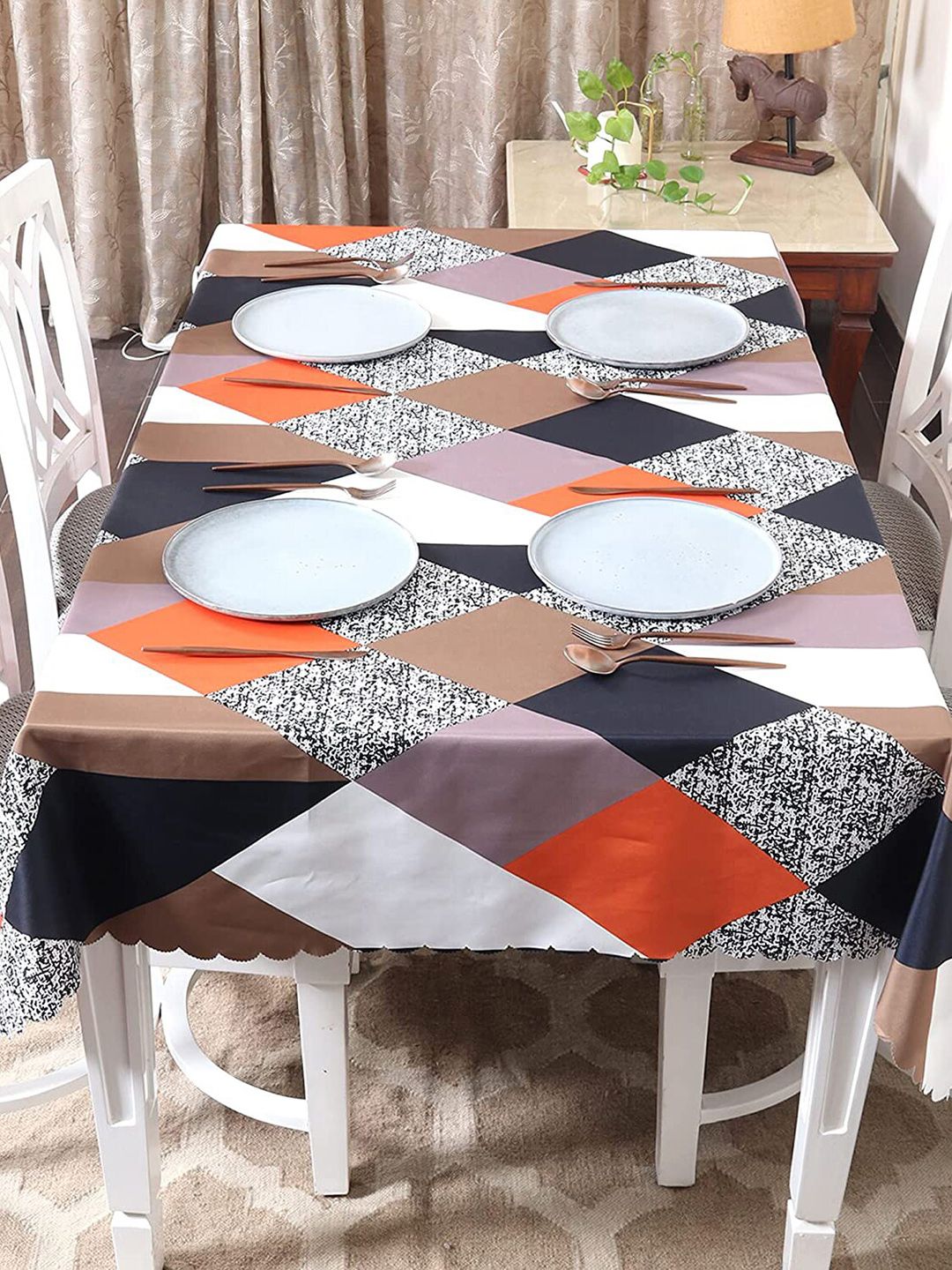 HOUSE OF QUIRK Brown & White Printed Cotton Linen Dust-Proof 4-Seater Table Cover